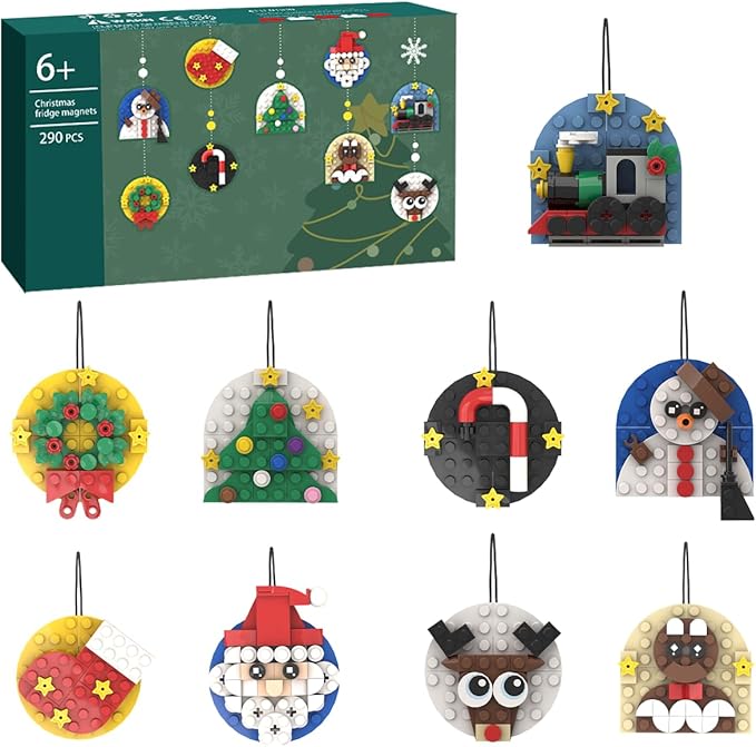 Christmas Ornaments Building Set Compatible with Lego, Christmas Tree, Wreath, Santa, Snowman, Gingerbread, Reindeer,Christmas Stocking, Small Train,Cane,Toy Gifts for Boys Girls Kids
