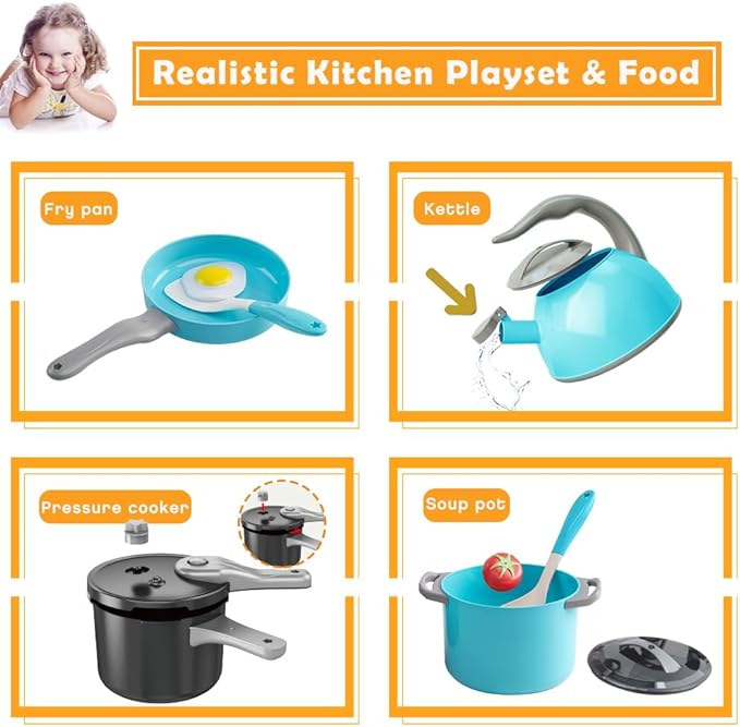 Bruvoalon 32Pcs Kids Play Kitchen Toys Set, Toddlers Pretend Cooking Playset Acccessories with Pots Pans, Utensils Cookware, Foods, Canned Veges, Learning Gift for Kids Girls Boys (Turquoise)