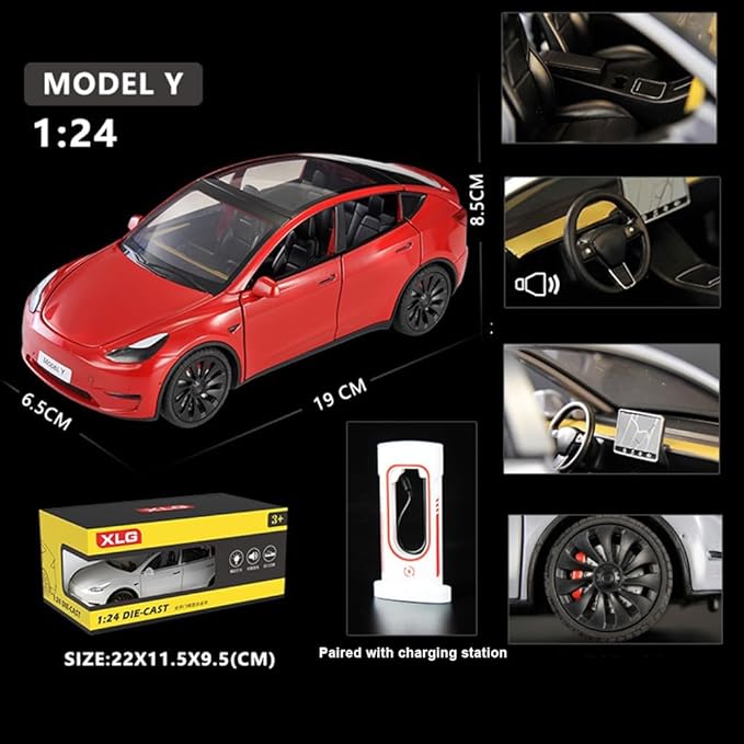 1/24 Model Y Toy Cars Alloy Diecast Model, Pull Back Model Y M-odel Car with Light, Big Mod-el Y Diecast Cars Mod-el Toy Suitable for Kids Adults Birthday Gift (Red)