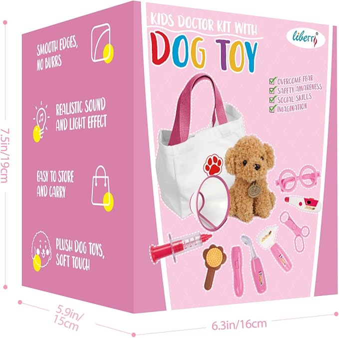 Liberry Doctor Kit for Toddlers Age 3 4 5 6, 26 Pcs Kids Doctor Playset with Dog Toy, Stethoscope and Dress Up Costume, Pretend Play Medical Gift for Girls, Pink