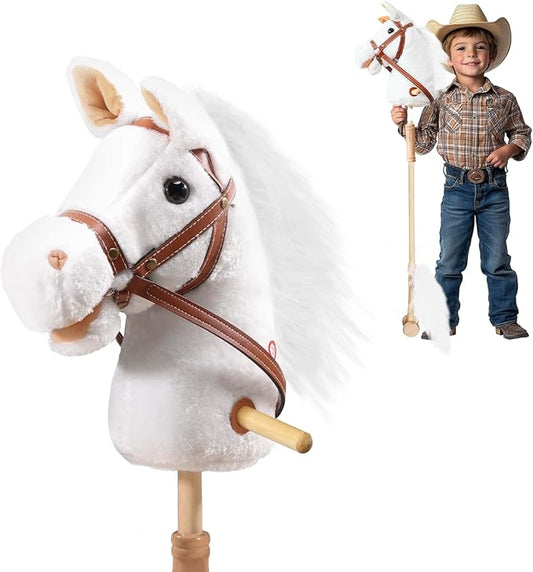 Plush Stick Horse with Wood Wheels Real Pony Neighing and Galloping Sounds Plush Toy, Stick Pony Provides Fun Pretend Play for Toddlers & Preschoolers (AA Batteries Required)