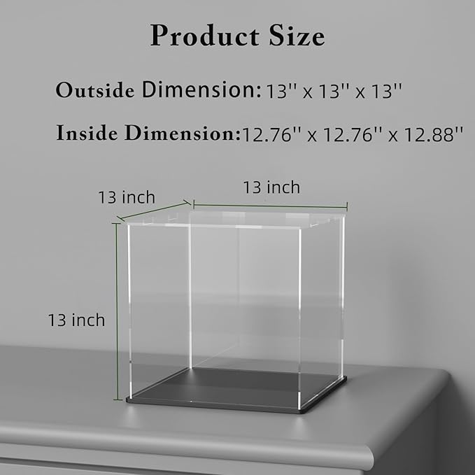 Acrylic Box with Matt Black Base, Simple Self-Assembly Clear Acrylic Display Case, 13x13x13 inch Showcase with Lid for Collections, Figures and Dolls