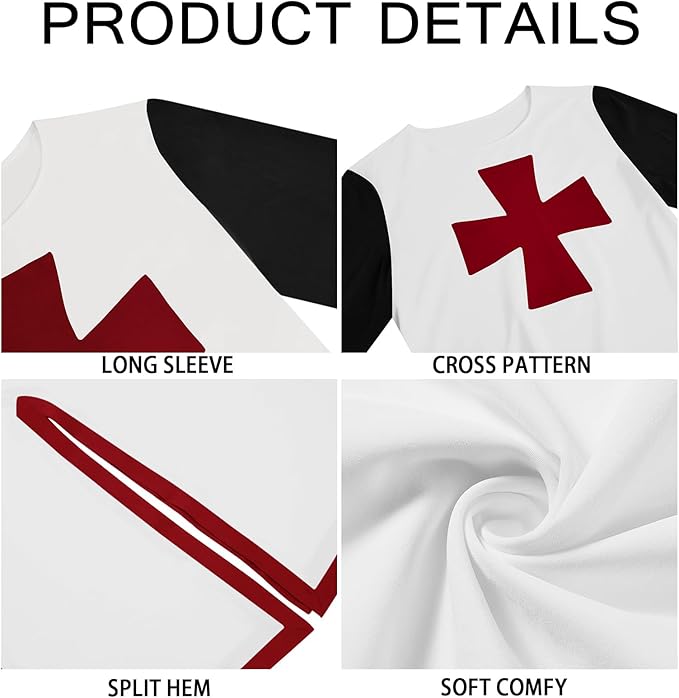 Ryannology Mens Crusader Costume Medieval Templar Renaissance Knight Warrior Tunic Retro Halloween Cosplay Top with Cross