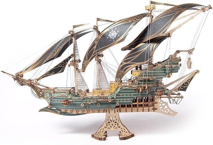 3D Wooden Puzzles for Adults, Pirate Ship Model Kit Brain Teaser Puzzles for Adults, DIY Educational Desk Toys Room Decoration (Green)