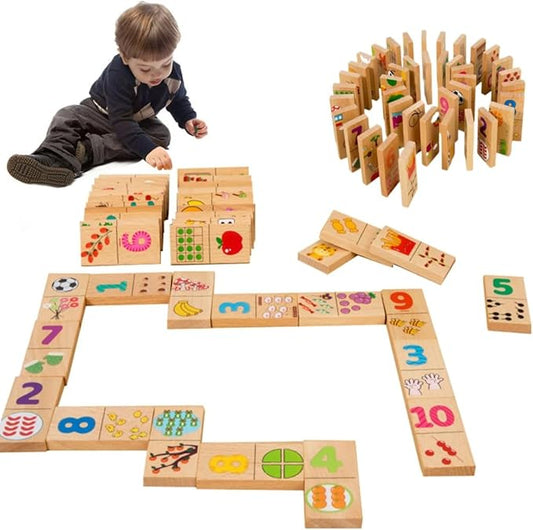 Wood Scrabble Tiles, Dominoes Set Tile Board Game in Aluminum Carry Case Games with Colorful Trains for Family Game Night, for Adults & Kids Ages 8+