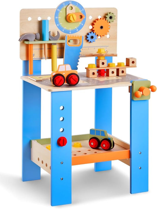 VEVOR Kids Workbench, 62 pcs Wooden Tool Bench for Kids 3 Years and Up, Toddler Toy Workbench with Realistic Tools, Building Set Creative & Educational Construction Toy for Boys & Girls