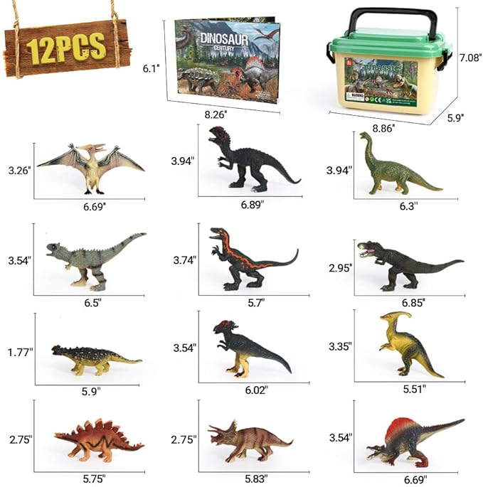 OENUX Dinosaur Toys for Kids 3-5,12pcs Realistic Jurassic Dinosaur Figures Playset w/ Educational Booklet, Toddler Plastic Dinasour Including T-Rex, Triceratops, Dino Learning Toy for Boy Girl Age 4-7