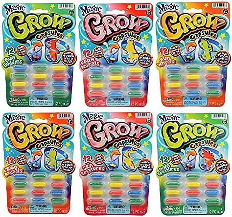 JA-RU Magic Grow Capsules (12 Pack; 12 Capsules Each) Expanding Foam Sponge Toy for Kids. Sea Creatures, Zoo & Farm Animals, Dinosaur, Bugs, & Cars. Water Growing Toys. Bath Party Favors. 305-12p