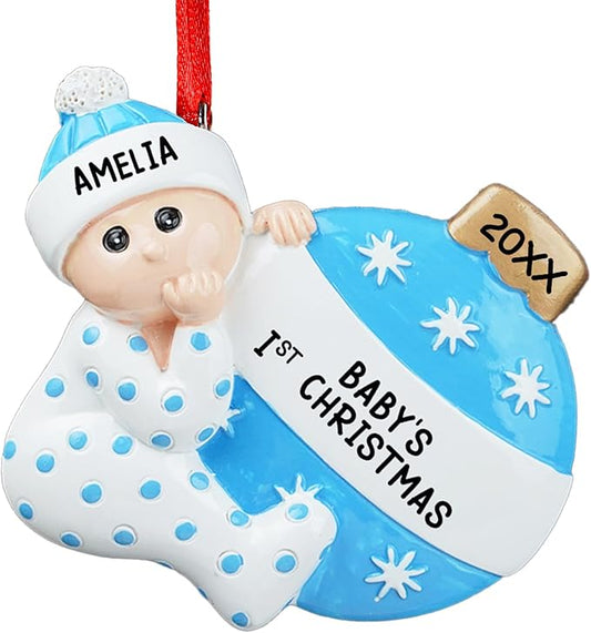 iDIY Personalized Babys First Christmas Ornaments 2025 - Custom Name Baby Ornaments for Christmas Tree - Xmas Gifts Ideal for Baby Grandkids Newborn - Girl or Boy - Blue