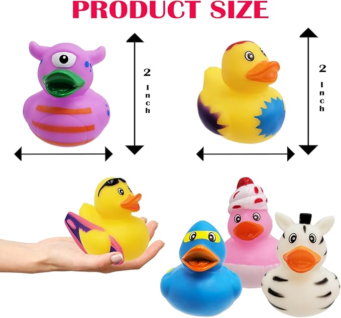 Assorted Rubber Ducks Toy Duckies for Kids and Toddlers, Bath Birthday Baby Showers Classroom, Summer Beach and Pool Activity, 2" Inches (100-Pack)