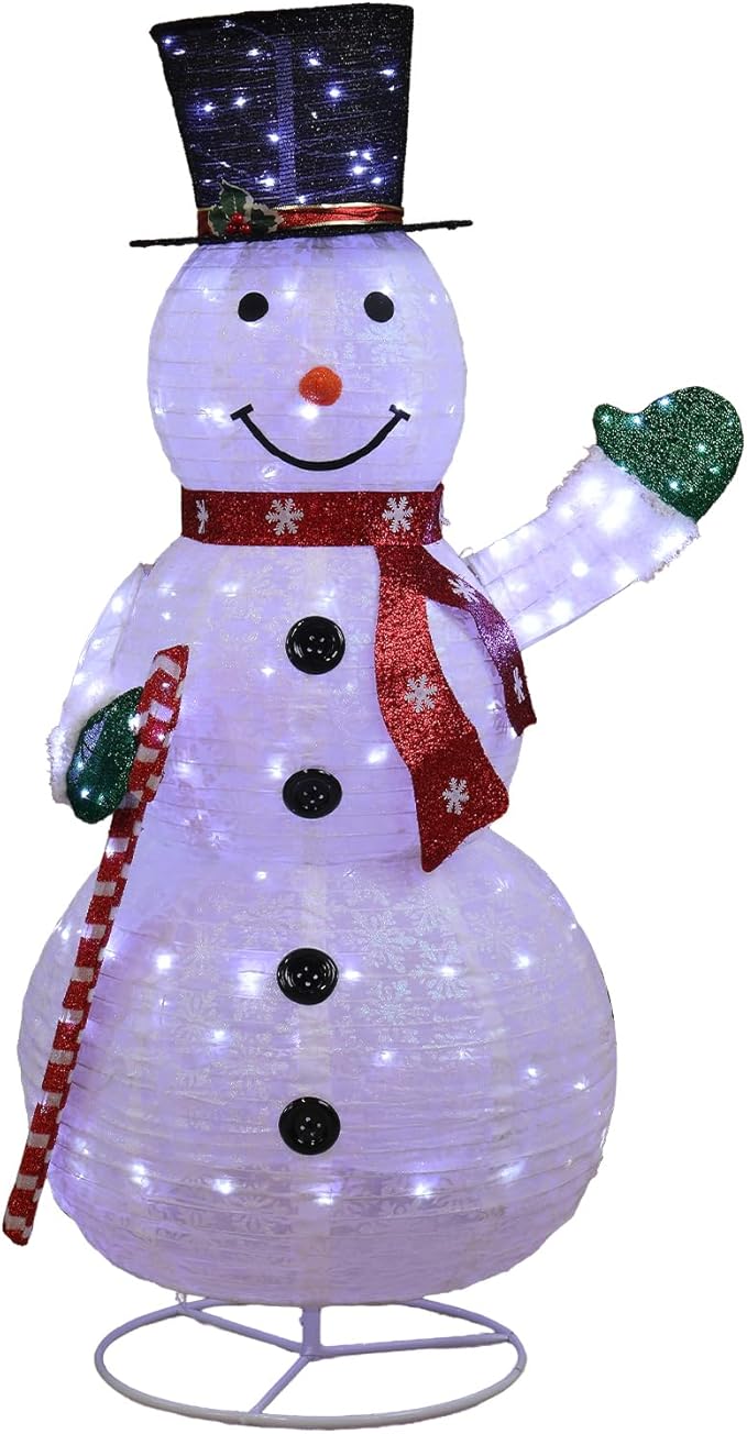 Snowman Outdoor Christmas Decorations with 120 LED Lights, 4ft Lighted Snowman with Metal Stand, Holiday Ornaments Xmas Decor for Home Porch Patio Yard Party (White with Candy Cane, 5.7 FT)