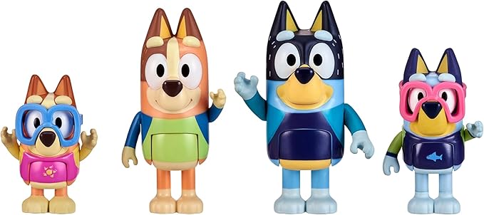 Bluey Figure 4-Pack, Family Beach Day 2.5-3 Inch, Bingo, Bandit and Chilli Character Figures with Accessories