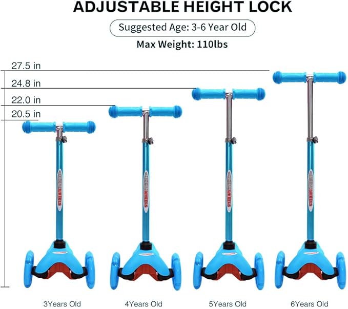 ChromeWheels Scooter for Kids, Deluxe 3 Wheel Scooter for Toddlers 4 Adjustable Height Glider with Kick Scooters, Lean to Steer with LED Flashing Light for Ages 3-6 Girls Boys