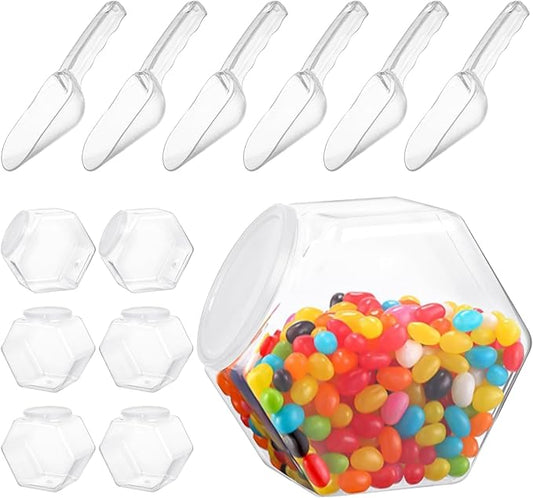 6 PCS Hexagon Plastic Jars with 6 Spoons, Clear Cookie Jars with Airtight Lids, Reusable Coffee Candy Display for Snacks, Cookie, Dog Treats, Coffee Pod (72oz)
