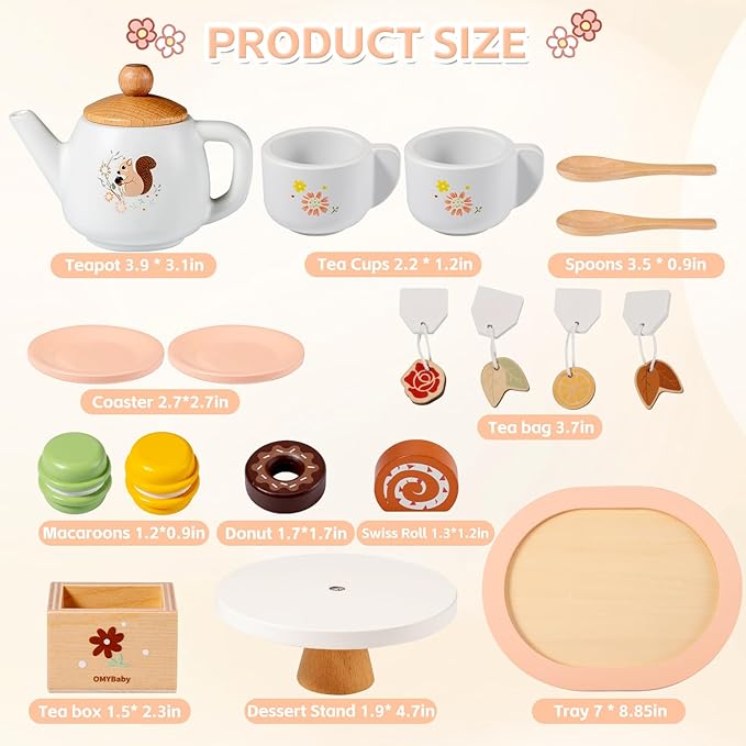 OMYBaby Wooden Tea Set for Little Girls, 19pcs Party Playset With Teapot, Cups, Dessert Stand, Macaroons, Cakes & Tray, Time Playset Pretend Play Kitchen Toys Gift for Girls & Toddlers 3Y+