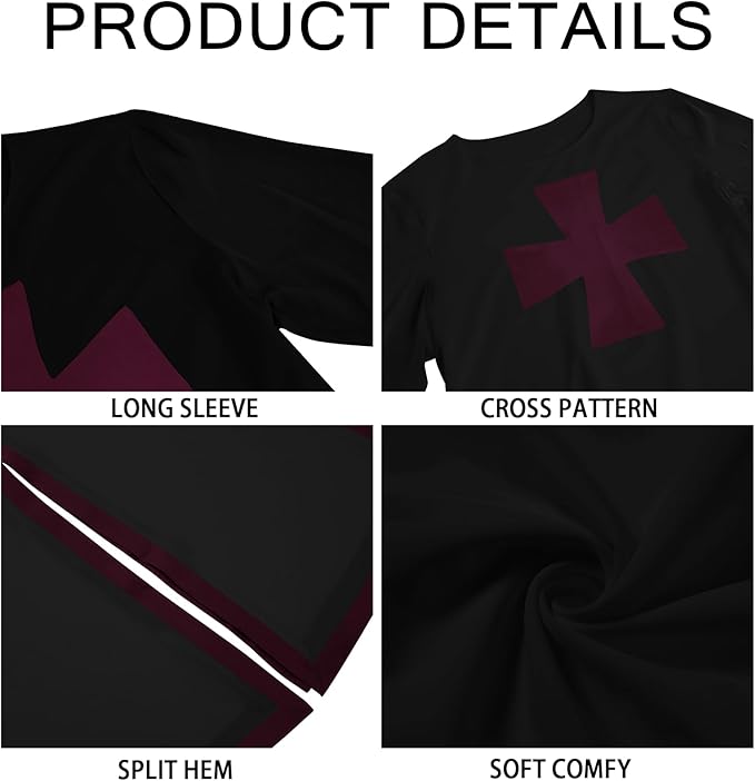 Ryannology Mens Crusader Costume Medieval Templar Renaissance Knight Warrior Tunic Retro Halloween Cosplay Top with Cross