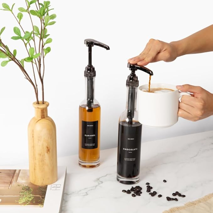 Molimoli Set of 4, 350ml, Coffee Syrup Dispenser for Coffee Bar, Coffee Pump Dispenser, Glass Syrup Bottle w. Pumps, Simple Syrup Dispenser w. Labels (Black)