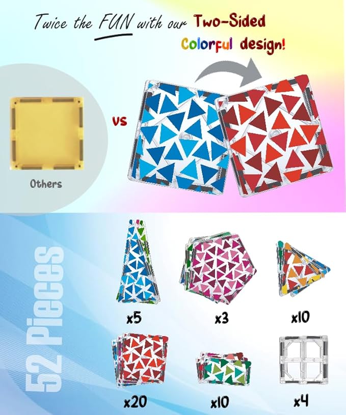 Magnetic Tiles Set - 52 PCS Double-Sided Color Tiles for Kids | Unique Geometric Design for More Creative Builds | STEM Toy for Ages 3 4 5 6 7 8 9+ Birthday Gift Boys & Girls