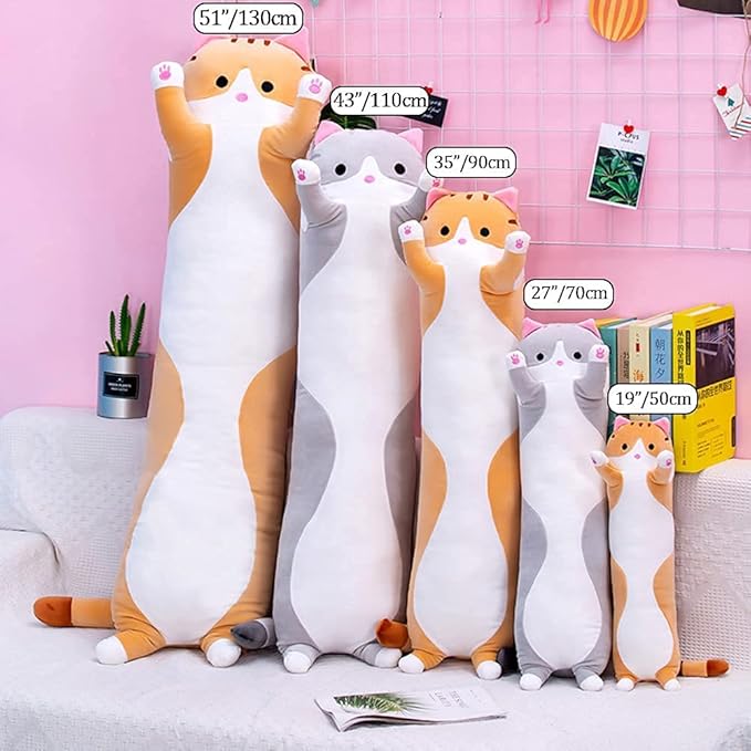 Cute Cat Plush Long Body Pillow Cuddle Cartoon Stuffed Animals Cat Plushie Soft Doll Pillows Gifts for Kids Girls(Gray, 35 Inches), 1 Count (Pack of 1)