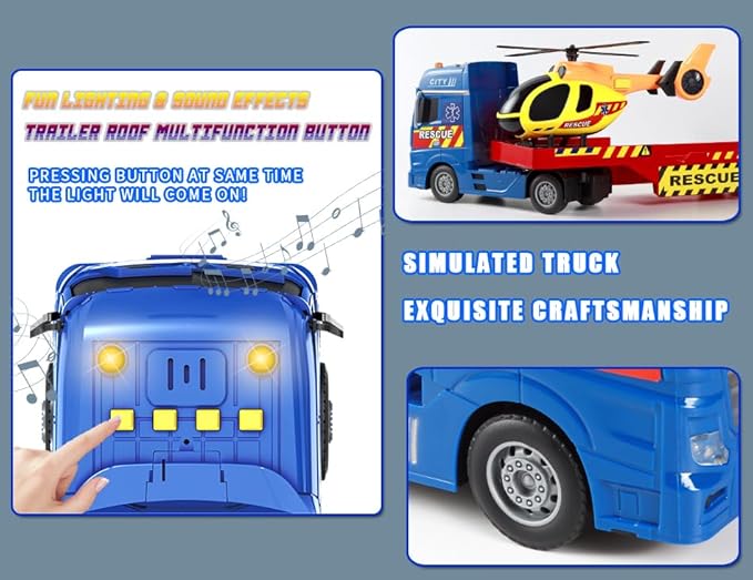 25" Rescue Tow Truck with Racing Car and Helicopter for Toddlers Lights & Sounds Birthday Gift for 3-6 Years Boys and Girls