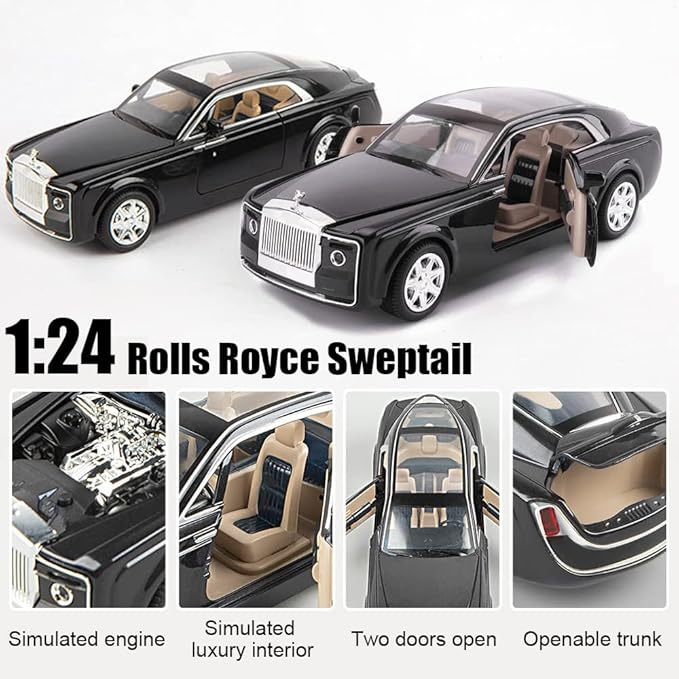 1/24 Rolls-Royce Sweptail Toy Car Alloy Diecast Collectible Model Car for Kids Gift, Pull Back Toy Car with Sound and Light, Classic Double Door, Car Logo Can be Folded