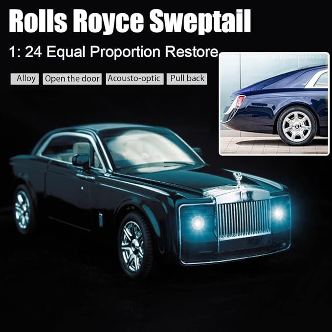 1/24 Rolls-Royce Sweptail Toy Car Alloy Diecast Collectible Model Car for Kids Gift, Pull Back Toy Car with Sound and Light, Classic Double Door, Car Logo Can be Folded