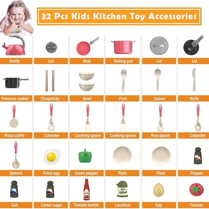 Bruvoalon 32Pcs Kids Play Kitchen Toys Set, Toddlers Pretend Cooking Playset Acccessories with Pots Pans, Utensils Cookware, Foods, Canned Veges, Learning Gift for Kids Girls Boys (Red)
