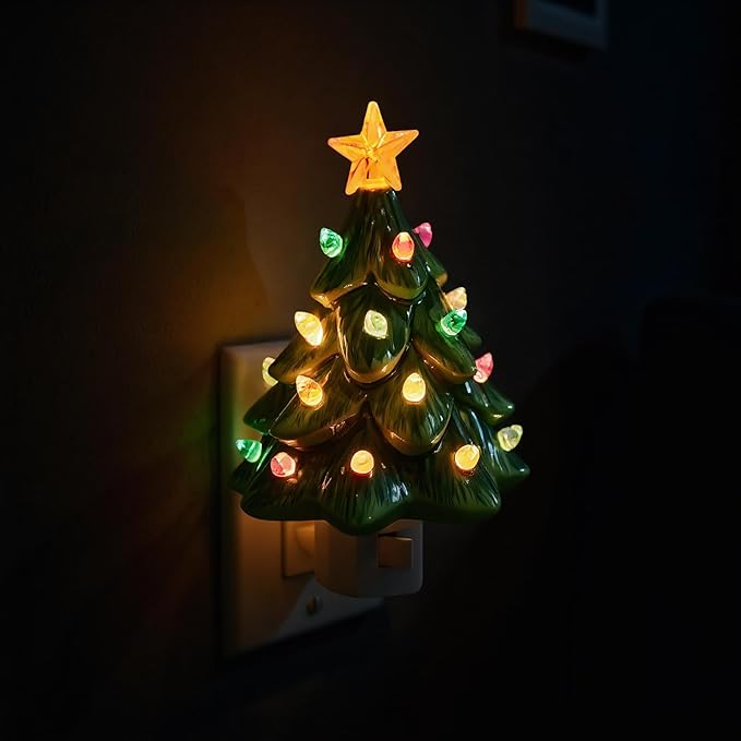 Christmas Decorations, Ceramic Christmas Tree Night Light, 1 Pack Vintage Christmas Decorative Night Light with ON/Off Switch, Holiday Decor Indoor for Bedroom & Hallway
