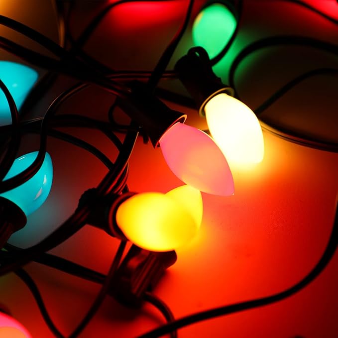 25FT C7 Ceramic Multicolor Christmas Lights Outdoor, Vintage Christmas Lights Green Wire with 25+2 Multicolored C7 Light Bulbs, Hanging String Light for Xmas Tree Home Yard Party Decor, 5W, E12 Base