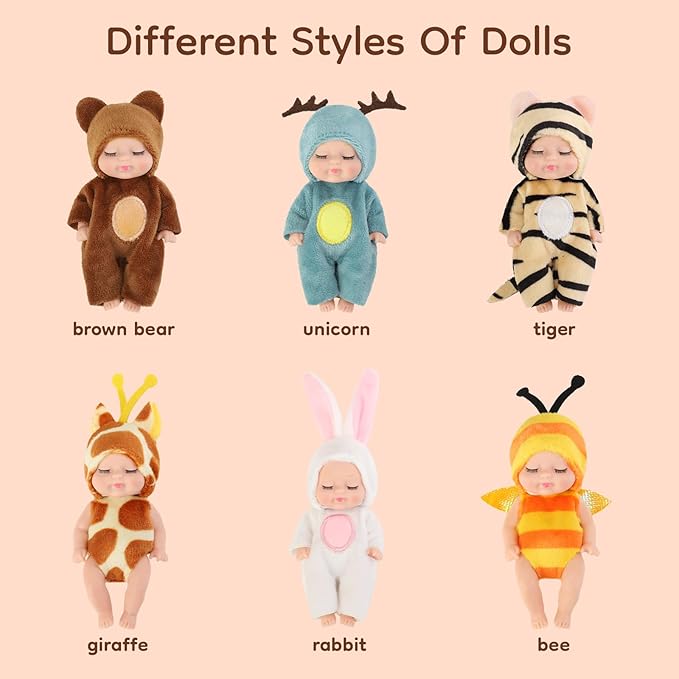 4 Inch Mini Baby Dolls 6pcs Set Realistic Reborn Baby Dolls Cute Small Baby Doll with Animal Clothes Suitable for Baby Gifts for Boys and Girls Over 3 Years Old Birthday Gift