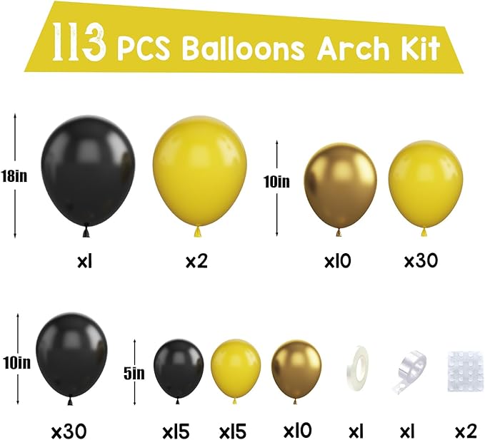 Paready Black and Yellow Balloon Arch Kit, 113Pcs Yellow Black Balloon Garland Kit Gold Party Balloons Metallic Gold Latex Balloons for Birthday Bee Theme Party Baby Shower Wedding