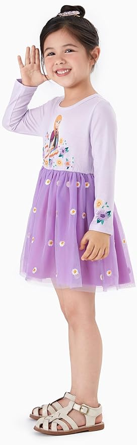 Disney Frozen Elsa Princess Cinderella Ariel Jasmine Rapunzel Baby/Toddler Dress, Ruffle Long-Sleeve Mesh Overlay Tulle Dress