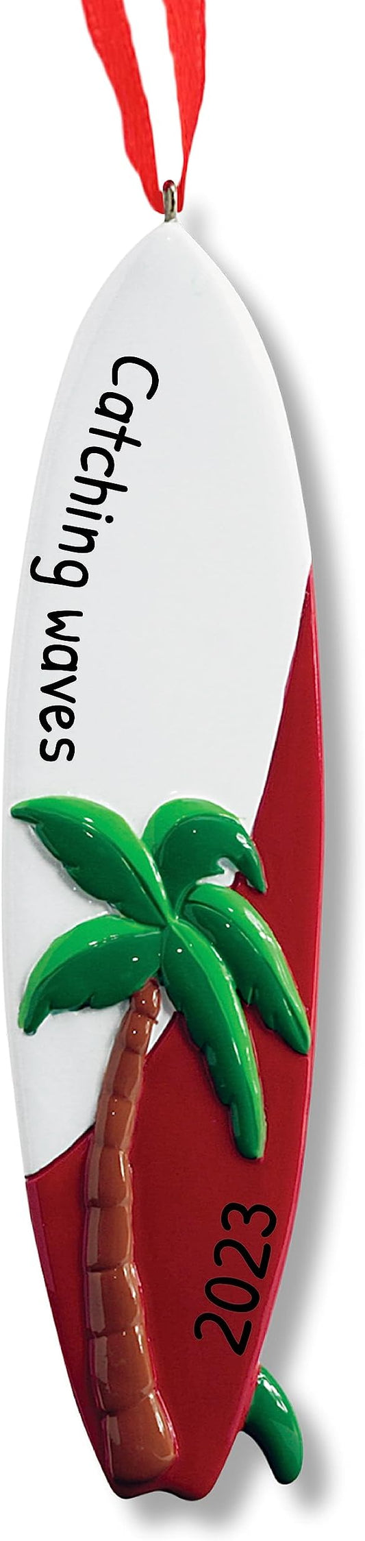 Ornaments by Elves - Personalized Surfboard with Palm Tree Christmas Ornaments - Beach Decorations Surf Hawaiian Paddle Board Surfer Coastal Decor and Summer Vibes in a Giftable Packaging