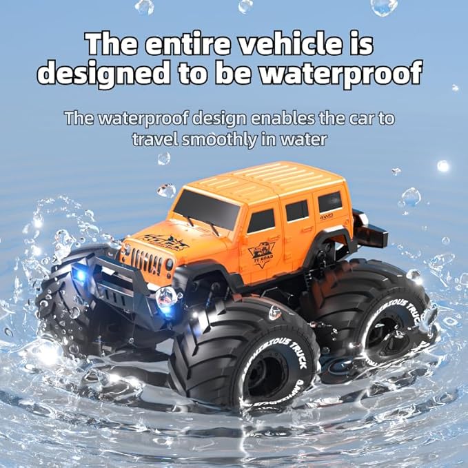1:18 Scale Amphibious LED RC Car ，2.4GHz All 20 Km/h Off Road Terrain Remote Control Drift Truck, Waterproof Truck for 8+ Year Old Boys Girls Kids Gifts (Orange)