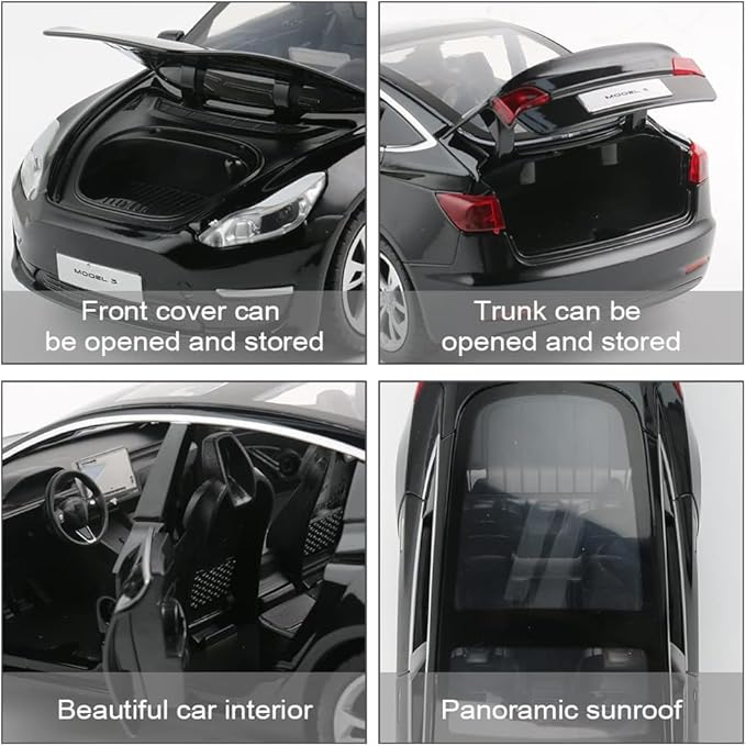 Zinc Alloy 3 Car Model,1:24 Scale Simulation Casting car Model Pull Back Diecast Toy Car, Mini Vehicles Toys with Lights and Music for Toddlers Kids Children Birthday Gift(Black)