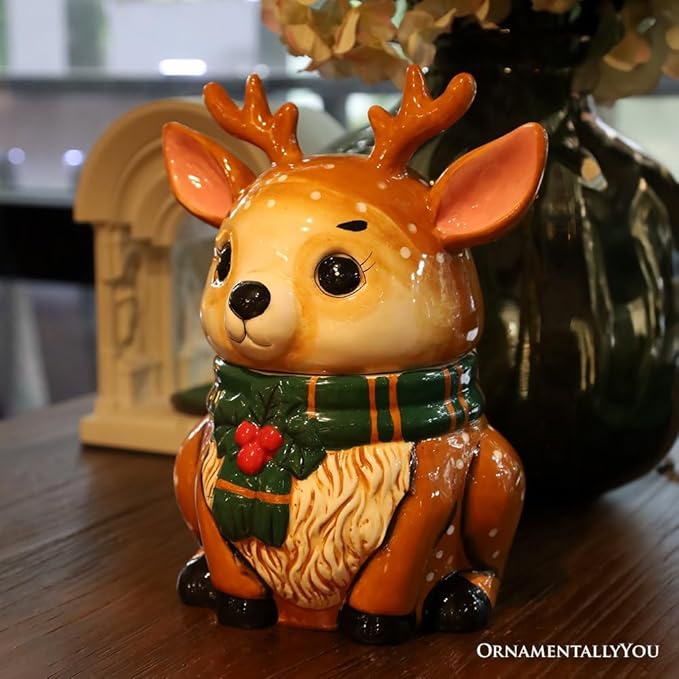 OrnamentallyYou Festive Reindeer 10" Cookie Jar, Christmas Kitchen Festive Deer Decoration