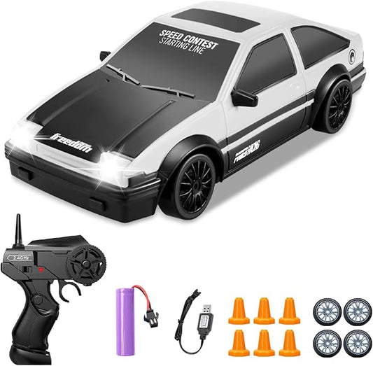 Remote Control Car RC Drift Car, 1/24 RC Car 2.4GHz 4WD RC Drift Racing Car High Speed RC Cars with Cool Lights, Rechargeable Battery and Extra Tires Toys for Kids (White)
