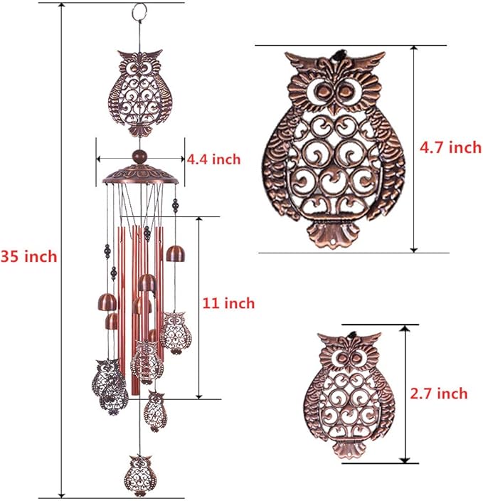 Owl Wind Chimes Outdoor Indoor Decor -with 4 Aluminum Tubes 6 Bells 7 Owls 37Inch Waterproof Mobile Romantic Wind Catcher Owl Windchimes for Home, Xmas Mom Gifts, Balcony, Festival, Garden Decoration