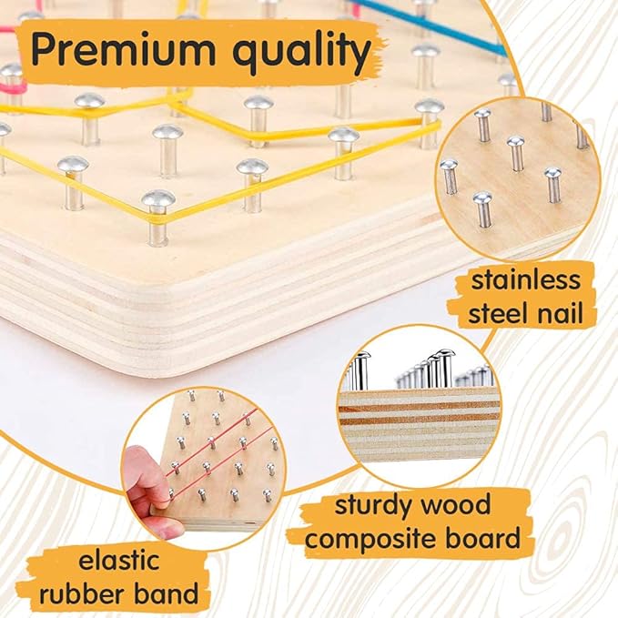 Panda Brothers Wooden Geoboard - Montessori Toys for 3 4 5 Year Old Kids and Toddlers, Educational Toy with 30 Pattern Cards and 40 Rubber Bands to Create Figures, Brain Teaser STEM Toy Geo Board