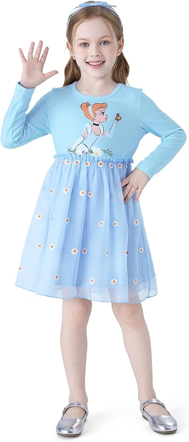 Disney Frozen Elsa Princess Cinderella Ariel Jasmine Rapunzel Baby/Toddler Dress, Ruffle Long-Sleeve Mesh Overlay Tulle Dress