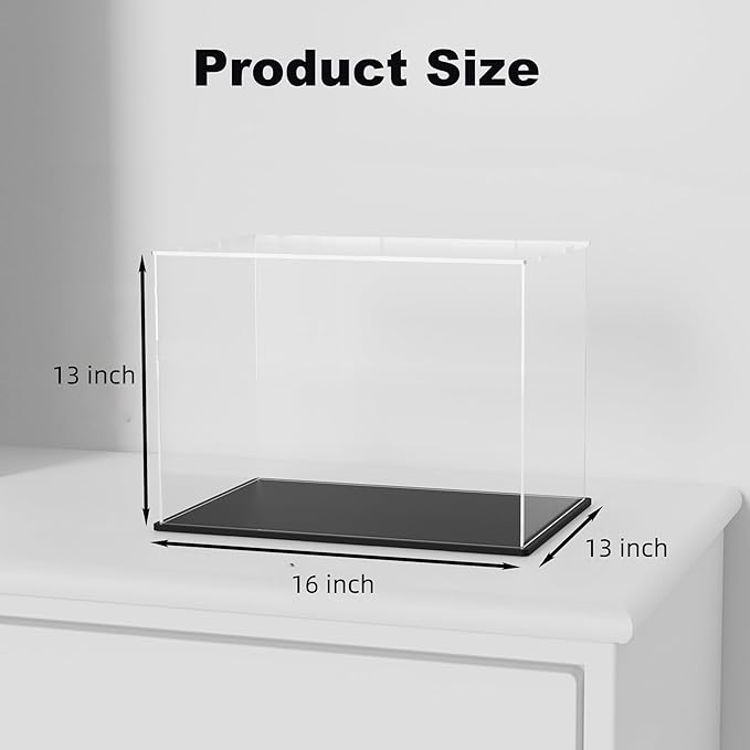 Acrylic Box with Matt Black Base, Simple Self-Assembly Clear Acrylic Display Case, 16x13x13 inch Showcase with Lid for Collections, Figures and Miniture House