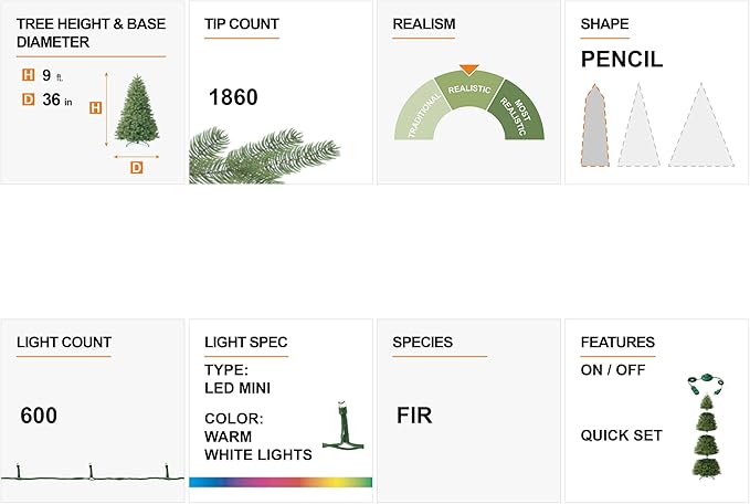 Glitzhome 9ft Prelit Christmas Tree, Snow Flocked Christmas Trees with 600 Warm White Lights, Pencil Christmas Tree Snowy Splendor Fir Artificial Tree w/1860 Branch Tips and Foldable Metal Stand