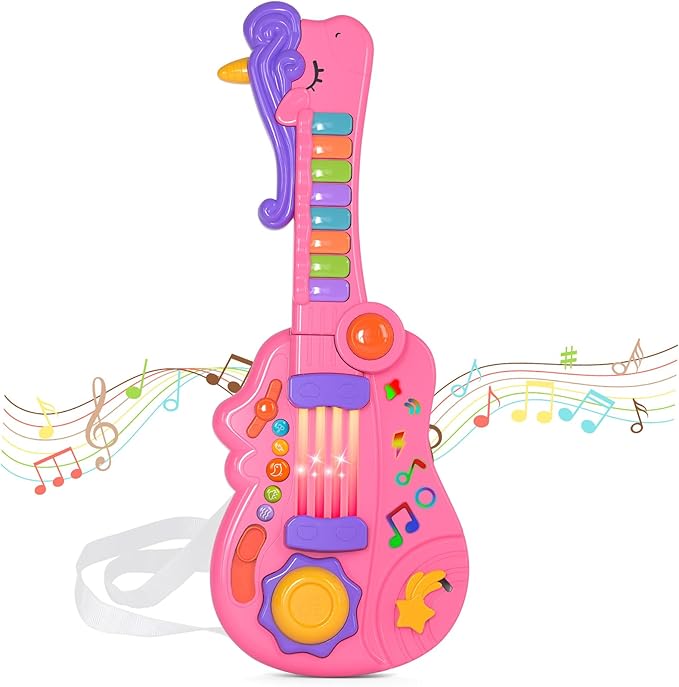M SANMERSEN Kids Guitar Toddler Toys Guitar for Girls Kids 3 4 5 Year Old 3-in-1 Electric Guitars with Piano Drum Toddler Musical Toy with Strap Light Up Boys Girls Birthday Christmas Easter Gifts