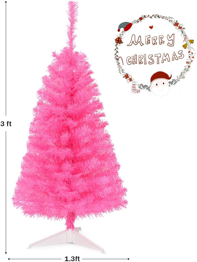 GOLFLAME 3FT Artificial Christmas Tree, Premium Mini Xmas Pine Tree with Stand Base Thicken Tips, Great Holiday Decoration (Pink)