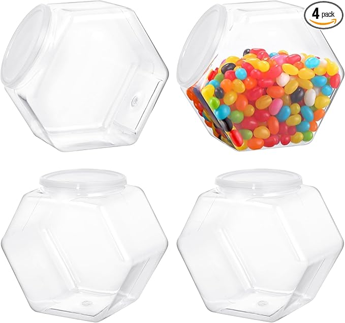 4 PCS Hexagon Plastic Jars Clear Cookie Jars with Airtight Lids, Candy Jars, Wide Round Mouth Snacks Dog Food Candy Containers, Reusable Coffee Candy Display （72oz）