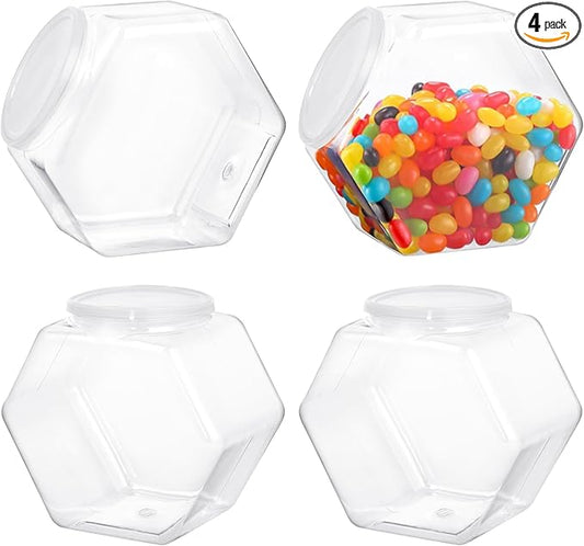 4 PCS Hexagon Plastic Jars Clear Cookie Jars with Airtight Lids, Candy Jars, Wide Round Mouth Snacks Dog Food Candy Containers, Reusable Coffee Candy Display （72oz）