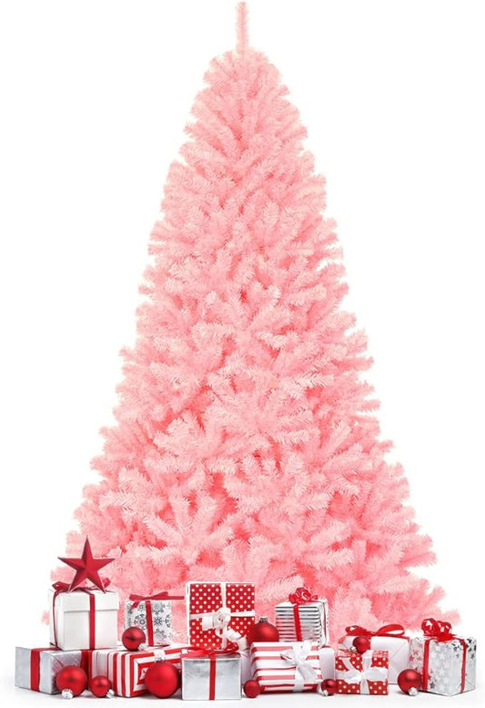 GOFLAME 7.5 ft Pink Artificial Christmas Tree, Hinged Spruce Full Tree w/Foldable Metal Stand, Cherry Blossom Color, 1036 Tips Christmas Tree for Home Office Party Decoration, Easy Assembly