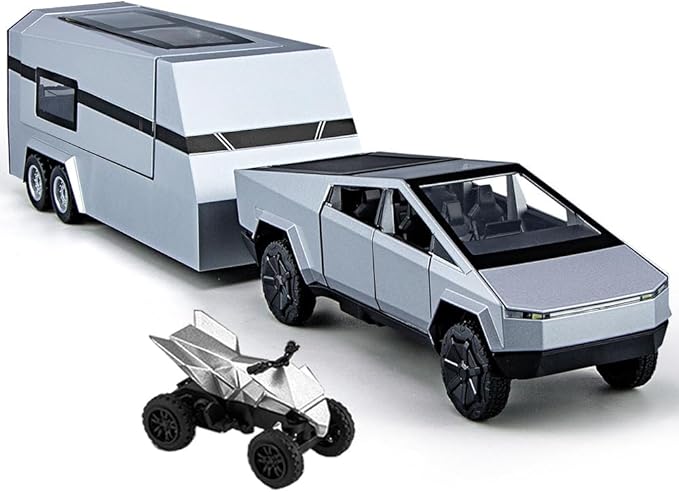 Metal Pick-Up Truck Trailer Toy with Motorcycle, Sound/Light/Pull Back/Realistic Interior Exterior, Ideal Toy Car Vehicle Gift (1/32 Grey Pickup Trailer RV)