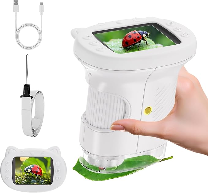2.4" Screen Pocket Kids Microscope: 1000X Handheld Microscope for Photo and Video - Portable Science Kits STEM Toys – Christmas/Birthday Gifts for Girls & Boys Ages 3-12(White)