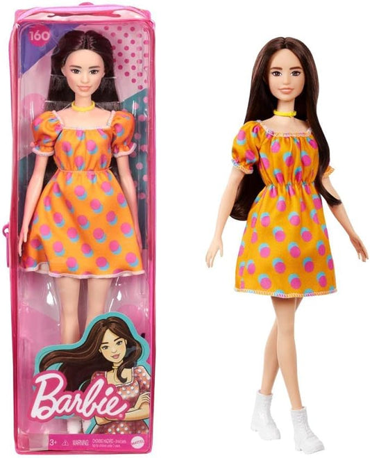 Barbie Fashionistas Doll #160 with Long Brunette Hair Wearing Patterned Orange Dress, White Shoes & Yellow Choker, Toy for Kids 3 to 8 Years Old